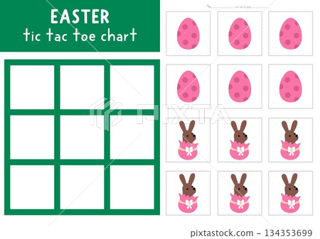Vector Easter village tic tac toe chart with holiday symbols. Spring board game playing field. Funny printable worksheet. Noughts and crosses grid with chocolate egg and bunny 134353699