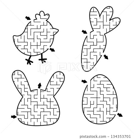 Easter village geometrical maze set for kids with holiday symbols. Spring preschool printable activity shaped as chick, bunny, egg, carrot. Labyrinth game or puzzle collection for children Easter village geometrical maze set for kids with holiday symbols. Spring preschool printable activity shaped as chick, bunny, egg, carrot. Labyrinth game or puzzle collection for children 134353701