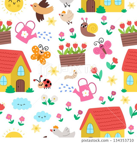 Vector Easter seamless pattern. Cute farm or garden repeat background with country house, flowers, watering can, insects, birds. Festive digital paper for kids. Spring holiday texture 134353710