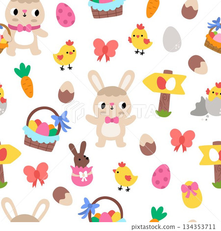 Vector Easter seamless pattern. Cute farm repeat background with bunny, chicks, basket, colored eggs, carrot, egg hunt sign, chocolate hare. Festive digital paper for kids. Spring holiday texture Vector Easter seamless pattern. Cute farm repeat background with bunny, chicks, basket, colored eggs, carrot, egg hunt sign, chocolate hare. Festive digital paper for kids. Spring holiday texture 134353711