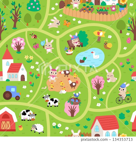 Vector seamless pattern with Easter village map. Rural repeat background with nature detailed scene. Cute spring holiday landscape digital paper with church, bunny, colored eggs, animals, house 134353713