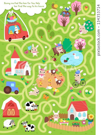 Easter village maze for children with hen on car going to bunny with chick. Funny labyrinth game with cute bird. Spring holiday printable activity, worksheet with rural country scene, roads 134353714
