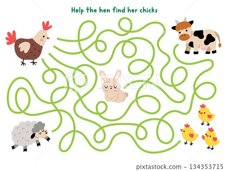 Easter village maze for children with hen going to her chicks. Funny labyrinth game with cute farm bird and animals. Spring holiday printable activity, worksheet with sheep, cow, bunny 134353715