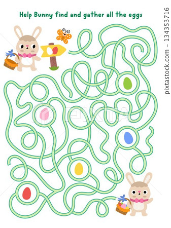 Easter village maze for children with bunny with basket going on egg hunt. Farm animal labyrinth game with cute hare. Spring holiday printable activity, worksheet Easter village maze for children with bunny with basket going on egg hunt. Farm animal labyrinth game with cute hare. Spring holiday printable activity, worksheet 134353716