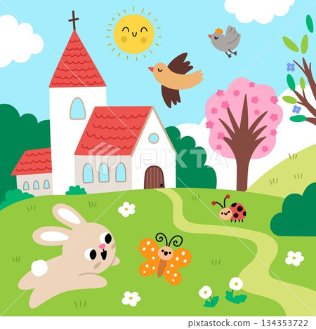 Vector Easter village square landscape. Rural nature scene with bunny on the meadow jumping for butterfly. Spring holiday background for kids with church, blooming trees, birds, sun Vector Easter village square landscape. Rural nature scene with bunny on the meadow jumping for butterfly. Spring holiday background for kids with church, blooming trees, birds, sun 134353722