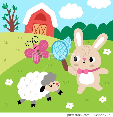Vector Easter village square landscape. Rural nature scene with bunny on the meadow catching butterfly with the net. Spring holiday background for kids with sheep, tree, country barn Vector Easter village square landscape. Rural nature scene with bunny on the meadow catching butterfly with the net. Spring holiday background for kids with sheep, tree, country barn 134353726