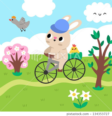 Vector Easter village square landscape. Rural nature scene with bunny riding a bike through the meadow on a country road. Spring holiday background for kids with blooming tree, bird 134353727