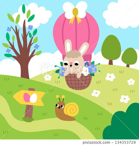 Vector Easter village square landscape. Rural nature scene with bunny flying on hot air balloon. Spring holiday background for kids with egg hunt sign, snail, blooming tree 134353729