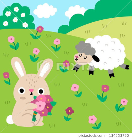 Vector Easter village square landscape. Rural nature scene with bunny on the meadow gathering flowers. Spring holiday background for kids with sheep, blooming trees, sunny day Vector Easter village square landscape. Rural nature scene with bunny on the meadow gathering flowers. Spring holiday background for kids with sheep, blooming trees, sunny day 134353730