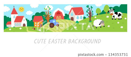 Vector Easter village horizontal landscape. Rural nature scene with church, house, barn, tractor, cow and sheep. Spring holiday or farm background for kids with blooming trees, flowers, sun Vector Easter village horizontal landscape. Rural nature scene with church, house, barn, tractor, cow and sheep. Spring holiday or farm background for kids with blooming trees, flowers, sun 134353731