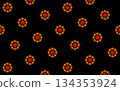 Vibrant abstract repeating grid energy core. An abstract design with a central red sphere surrounded by concentric green and yellow rings, reminiscent of a steering wheel. 134353924