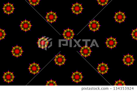 Vibrant abstract repeating grid energy core. An abstract design with a central red sphere surrounded by concentric green and yellow rings, reminiscent of a steering wheel. 134353924