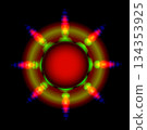 Vibrant abstract energy core. An abstract design with a central red sphere surrounded by concentric green and yellow rings, reminiscent of a steering wheel. 134353925