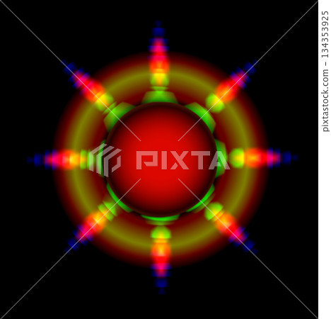 Vibrant abstract energy core. An abstract design with a central red sphere surrounded by concentric green and yellow rings, reminiscent of a steering wheel. Vibrant abstract energy core. An abstract design with a central red sphere surrounded by concentric green and yellow rings, reminiscent of a steering wheel. 134353925