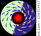 Cosmic duality swirling stars and central energy orb. A circular design features a central red orb surrounded by two swirling patterns.  134353937