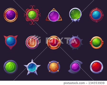 Cartoon round game buttons. Ui ux interface elements. Magic half spheres gems amulets in different wooden metal stone frames, nowaday vector set 134353939