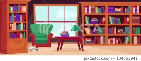 Library interior. Cozy reading zone with chair, wooden table and lamp. Book piles and shelves. Bookstore, cabinet room cartoon design, nowaday vector scene Library interior. Cozy reading zone with chair, wooden table and lamp. Book piles and shelves. Bookstore, cabinet room cartoon design, nowaday vector scene 134353941
