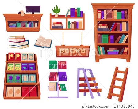 Bookstore furniture. Cashier desk, wooden signboard, bookshelves. Metal stand for magazine, wood ladders, book piles. Library nowaday vector accessories Bookstore furniture. Cashier desk, wooden signboard, bookshelves. Metal stand for magazine, wood ladders, book piles. Library nowaday vector accessories 134353943