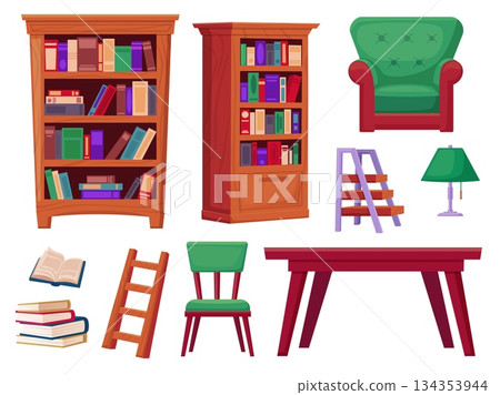 Library interior furniture. Bookstore shelves, book piles, cozy chair, wooden table and ladders. Cabinet room elements, bookshelf, nowaday vector set Library interior furniture. Bookstore shelves, book piles, cozy chair, wooden table and ladders. Cabinet room elements, bookshelf, nowaday vector set 134353944