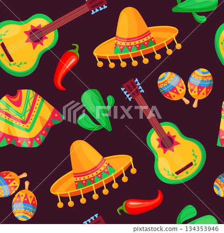 Mexican style seamless pattern. Cartoon sombrero, guitar, cactus, chilli peppers and poncho. Bright traditional elements, fabric wallpaper print, nowaday vector background Mexican style seamless pattern. Cartoon sombrero, guitar, cactus, chilli peppers and poncho. Bright traditional elements, fabric wallpaper print, nowaday vector background 134353946