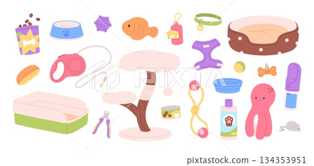 Pet shop elements. Pets accessories, plush and rubber toys. Leash, harness, soft bed, travel water bottle and bowl. Food for cats and dogs, racy vector set 134353951