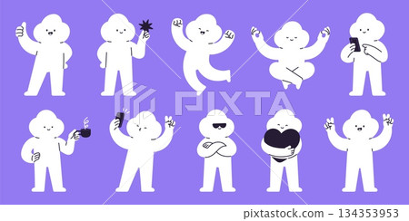 Abstract fluffy character. Cloud man positive emotions in different poses. Adorable person meditate, holding heart, taking selfie, scrolling smartphone, racy vector clipart 134353953