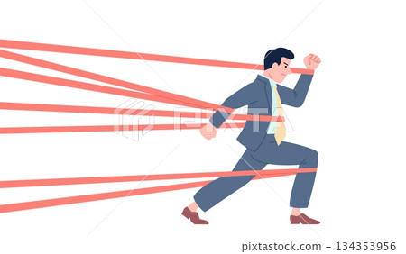 Difficulties in business. Struggle with problems, corporate career obstacle. Man tied red ribbons, limitation, overcome difficult, recent vector scene 134353956