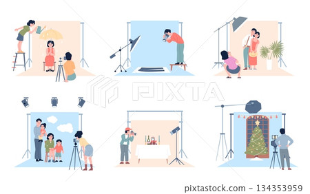 Photoshoot with photographer. People taking photos for blog or marketplace. Studio photography for family album, memories, recent vector scenes 134353959
