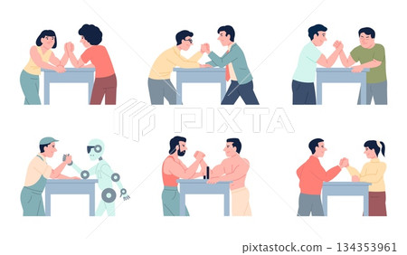 Arm wrestling struggle. Male female fight each other. People and robot armwrestling, competition and business metaphor of success, recent vector set Arm wrestling struggle. Male female fight each other. People and robot armwrestling, competition and business metaphor of success, recent vector set 134353961