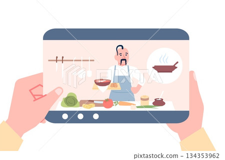 Cooking online lesson. Person looking culinary workshop on smartphone. Traditional cuisine chef cook east european soup, recent vector concept 134353962