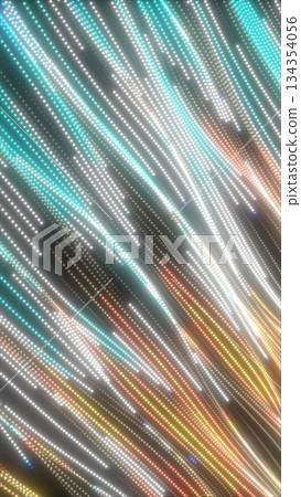 Flowing streams of vibrant turquoise, white, and orange light dots creating dynamic diagonal motion patterns Flowing streams of vibrant turquoise, white, and orange light dots creating dynamic diagonal motion patterns 134354056