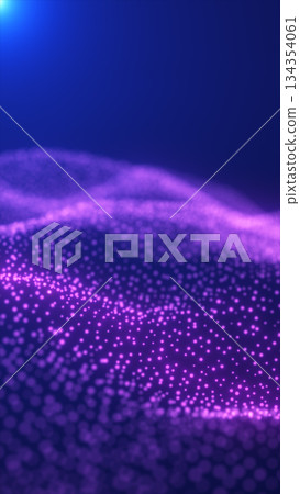 Abstract 3D landscape of glowing violet dots forming a digital wave under soft blue light Abstract 3D landscape of glowing violet dots forming a digital wave under soft blue light 134354061