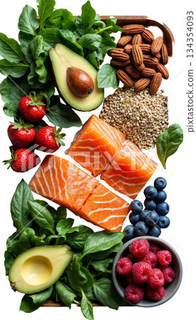 The image shows a composition of nutrient-rich foods that are often grouped together in healthy eating categories 134354093