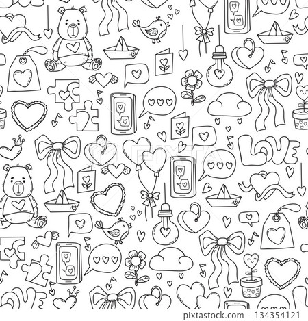 Seamless Outline Black Valentines Day Doodle Pattern. Love Symbols, Teddy Bear, Phone, Speech Bubble and Romantic Elements Repeating Backdrop Template. Vector Illustration. Not AI 134354121