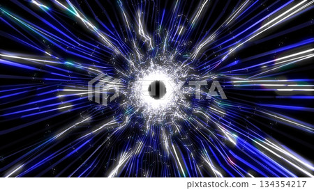 A tunnel of multi-colored blue and white moving light strips and ice crystals of energy beams. Abstract background A tunnel of multi-colored blue and white moving light strips and ice crystals of energy beams. Abstract background 134354217