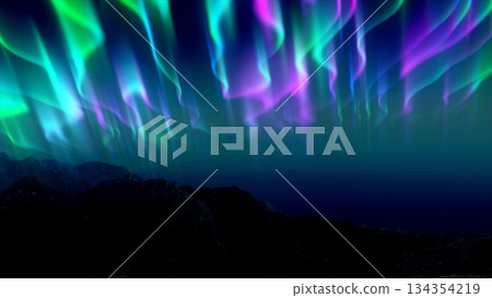 The abstract background of the multi -colored northern lights and mountains in the north, a bright iridescent realistic light light in the sky The abstract background of the multi -colored northern lights and mountains in the north, a bright iridescent realistic light light in the sky 134354219