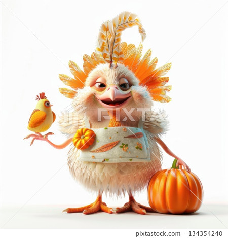 Cute autumn turkey holding a funny pumpkin, ready to cook up some seasonal fun in the kitchen. Charming 3D illustration. 134354240