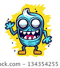 Cheerful Cartoon Blue Monster Waving Hello with Yellow Splash Background (AI Generated) 134354255