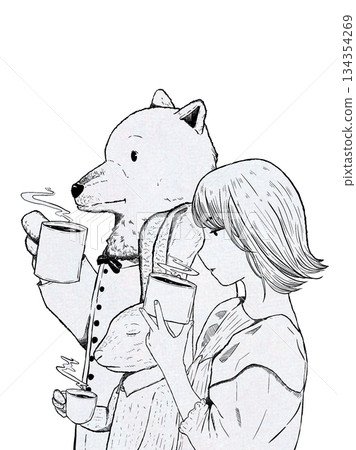 Girl, rabbit and bear on coffee break Girl, rabbit and bear on coffee break 134354269