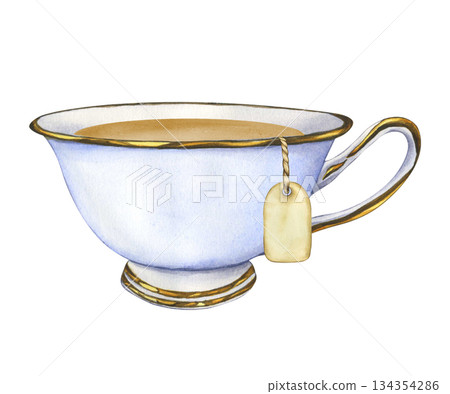 Porcelain Cup of tea with tea bag. Watercolor illustration of tea in blue antique cup isolated on white background. Vintage mug for english afternoon tea ceremony party or breakfast. Hand drawn teacup 134354286