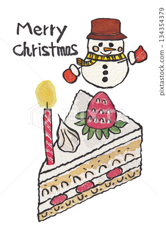 Hand-painted watercolor (etegami) "Christmas card" with text, snowman, vertical postcard, shortcake 134354379