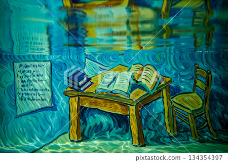 Submerged study in van gogh style. An artistic depiction in a style reminiscent of Vincent van Gogh, featuring an underwater study scene. Submerged study in van gogh style. An artistic depiction in a style reminiscent of Vincent van Gogh, featuring an underwater study scene. 134354397