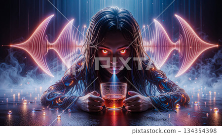 Crimson gaze the alchemist of frequencies. A woman with intense red eyes is focused on a glass filled with a glowing liquid, positioned on a glossy surface. Crimson gaze the alchemist of frequencies. A woman with intense red eyes is focused on a glass filled with a glowing liquid, positioned on a glossy surface. 134354398