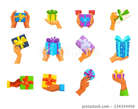 Hands holding gift boxes. Gifts exchange, hand hold present arm giving receiving giftbox birthday or christmas holiday surprise tied ribbon bow, cartoon kicky vector illustration Hands holding gift boxes. Gifts exchange, hand hold present arm giving receiving giftbox birthday or christmas holiday surprise tied ribbon bow, cartoon kicky vector illustration 134354450
