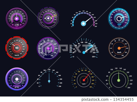 Digital speedometer. Odometer, tachometer speed gauge motorcycle race car rpm meter accelerate futuristic dashboard game hud interface dial neon light, kicky vector illustration 134354455
