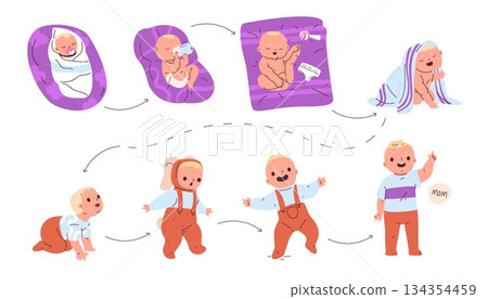 Baby growth stages. Newborn infant development process, growth stages first step movement progress born to toddler cute child character age cycle cartoon classy vector illustration 134354459
