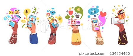 Hands use smartphone app. People hand hold cellphone with different mobile application, online order gift social media video call phone touch screen, classy vector illustration 134354460