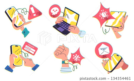 Hands cyber security. Smartphone scam concept icons, fraud cybersecurity crime bank data phishing phone call or sms online mobile app hack internet thief classy vector illustration 134354461