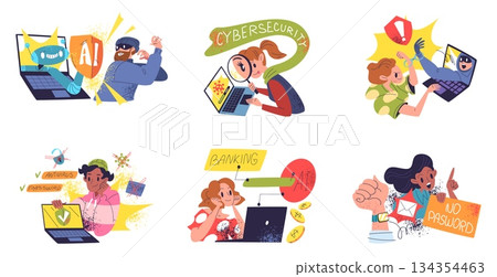 People cyber safety. Cybersecurity ai data protection, computer cyber security online crime vulnerability password access information internet fraud, set classy vector illustration People cyber safety. Cybersecurity ai data protection, computer cyber security online crime vulnerability password access information internet fraud, set classy vector illustration 134354463