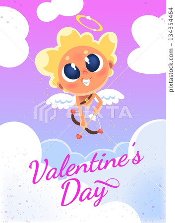 Cupid banner. Cartoon cherub greeting invitation card design, valentine day amour baby angel romantic couple love date concept background text template, classy vector illustration Cupid banner. Cartoon cherub greeting invitation card design, valentine day amour baby angel romantic couple love date concept background text template, classy vector illustration 134354464
